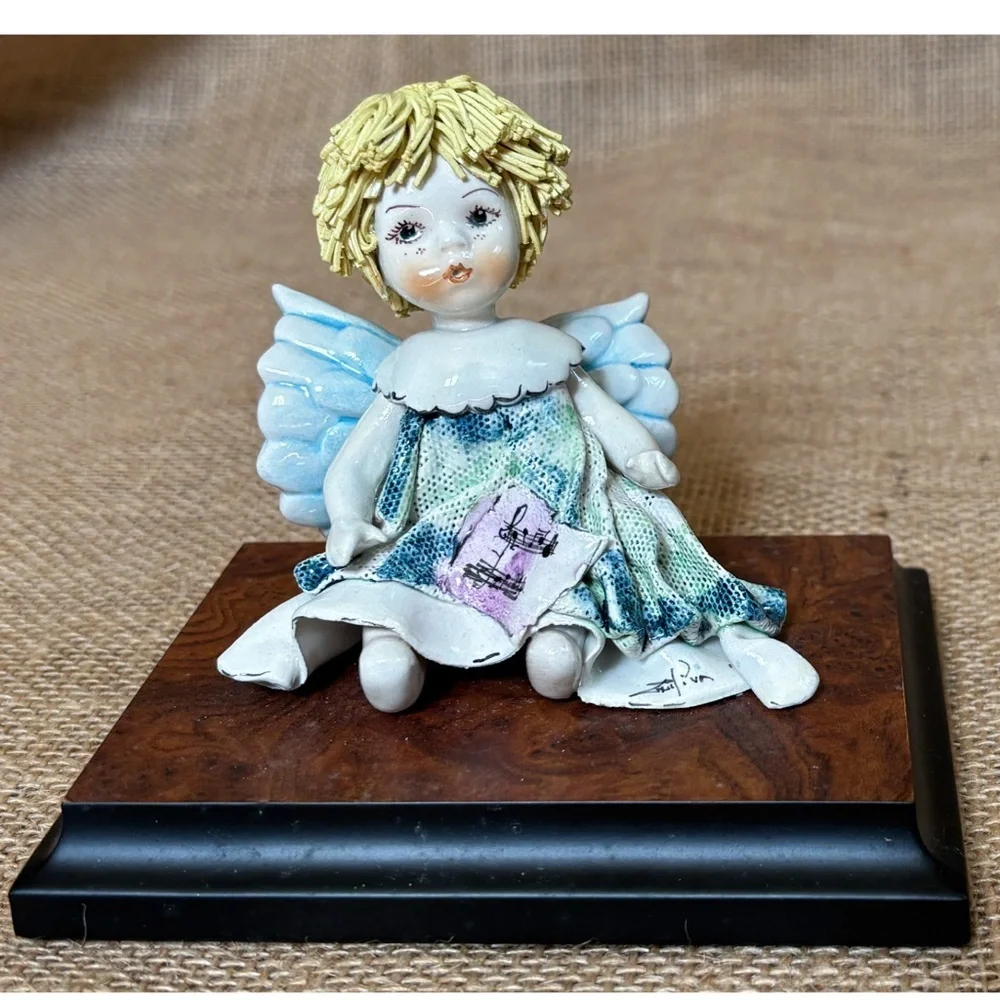 Signed Zampiva Porcelain Spaghetti Hair Angel Figurine Wood Mounted Italian